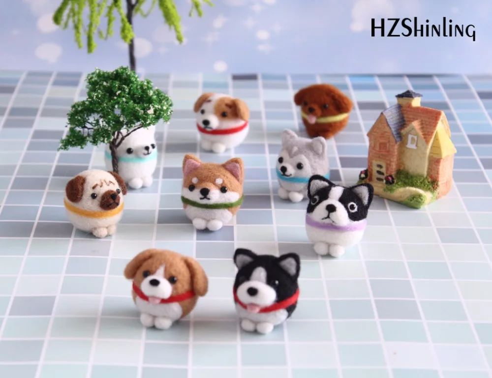 Non-Finished 9 Dogs DIY Wool Felting Package Handmade Shiba Inu Dog Toy Doll Wool Felt Poked Kitting For Stitch Needle Beginner