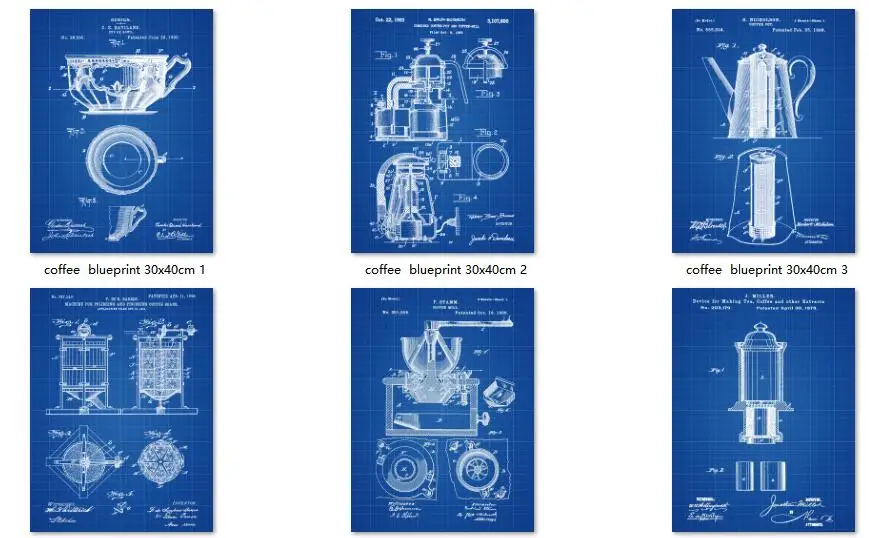Кофе винтаж патент Изобразительное искусство печатает 6 в 1 компл. кофе магазин Настенный декор кофе подарок стены кухня стены - Цвет: blueprint