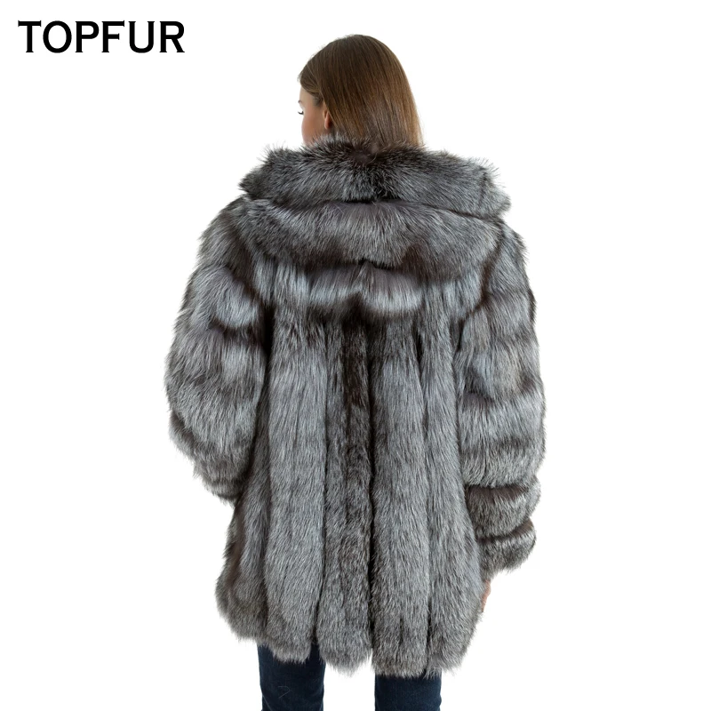 Женское пальто с капюшоном TOPFUR черное из натурального Меха чернобурки верхняя