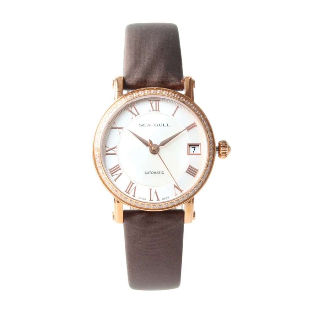 

Seagull Rhinestones Roman Numerals Gold Tone Onion Crown Bezel Mother of Pearl Dial Women Automatic Mechanical Watch 719.387