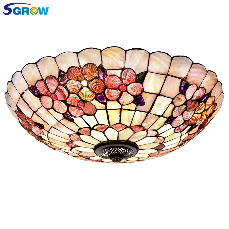 

SGROW European Red Shell Ceiling Light for Bedroom Living Room Art Round Light Fixture with E27 Bulb Lampara Peony Ceiling Lamps