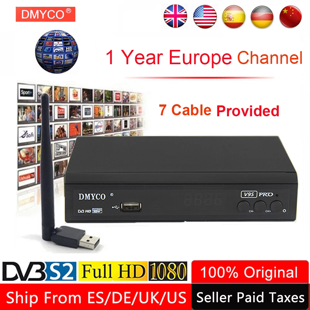 En Ligne 1 an Europe canal serveur récepteur Satellite V9S Pro DVB S2 LNB TV Tuner récepteur 1080P pologne espagne TV décodeur + USB WIFI