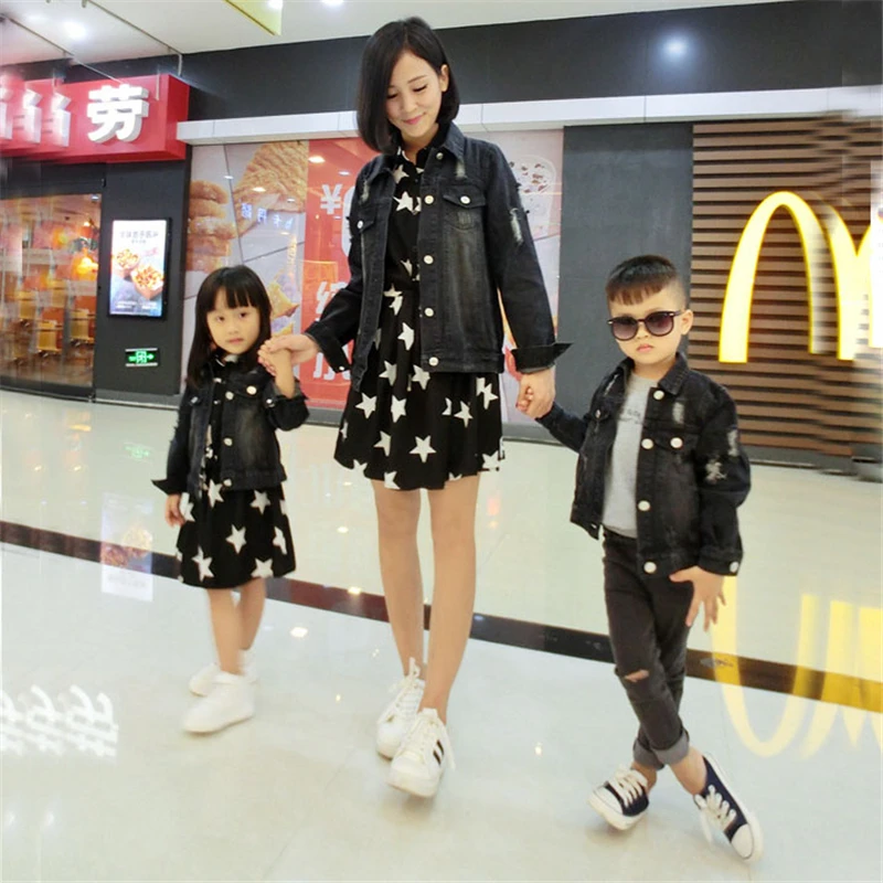 

mother and daughter clothes Hole denim jacket Long-sleeved jacket Male and female baby children's wear family look 20#