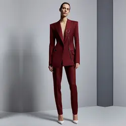 Цвет красного вина куртка + брюки Для женщин Бизнес костюмы офис единые конструкции Для женщин Элегантные Формальные Дамы Брючный костюм 2