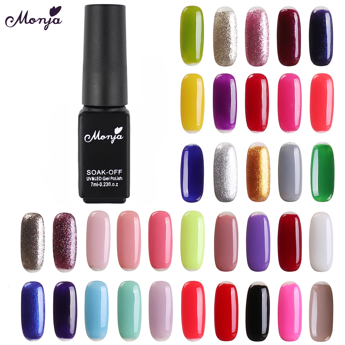 

Monja 7ml 38Colors Nail Art Pure Color Soak Off Acrylic Polish LED UV Gel Varnish Lacquer Base Coat Matt Top Coat Manicure Tool