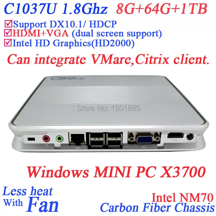 Latest dual core desktop pc computer 12v with fan Intel Celeron 1037u X3700 dual core 1.8Ghz 1080P Windows mini pc