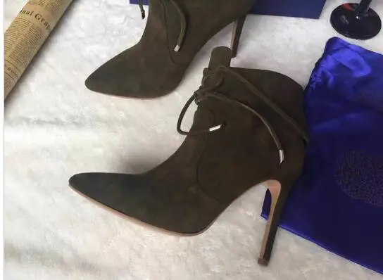 

Real Photo Wholesale Price High Quality Army Green Suede Leather Women Gladiator Women Pointed Toe Spring Autumn Lace-Up Pumps