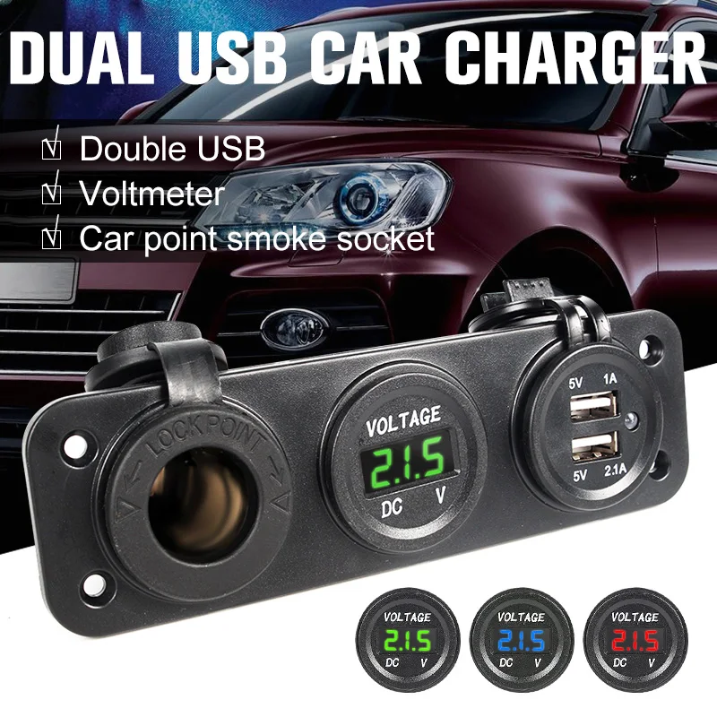

3-in-1 1A 2.1A Dual USB Charger Adapter Plug LED Digital Voltage Meter Voltmeter Cigarette Lighter Socket Port 12V 24V Green