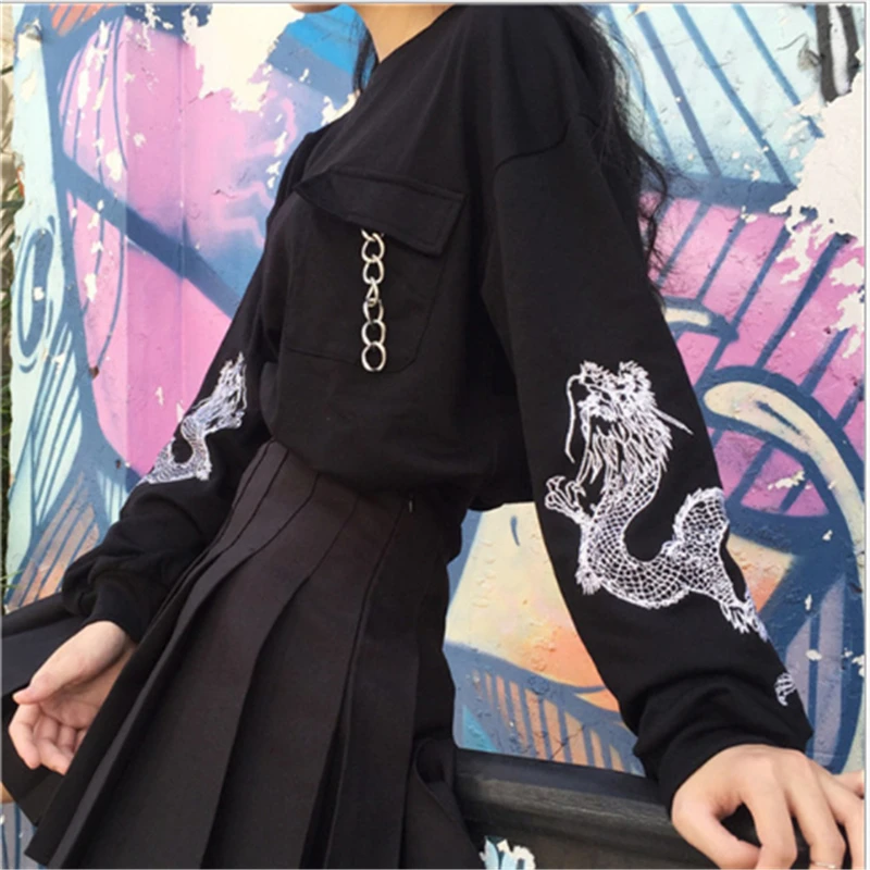 

Black Embroidery Women's Sweatshirt Top Long Sleeve Chains Preppy O-neck Pullovers Tops Women 2019 Summer Fashion Woman Clothes