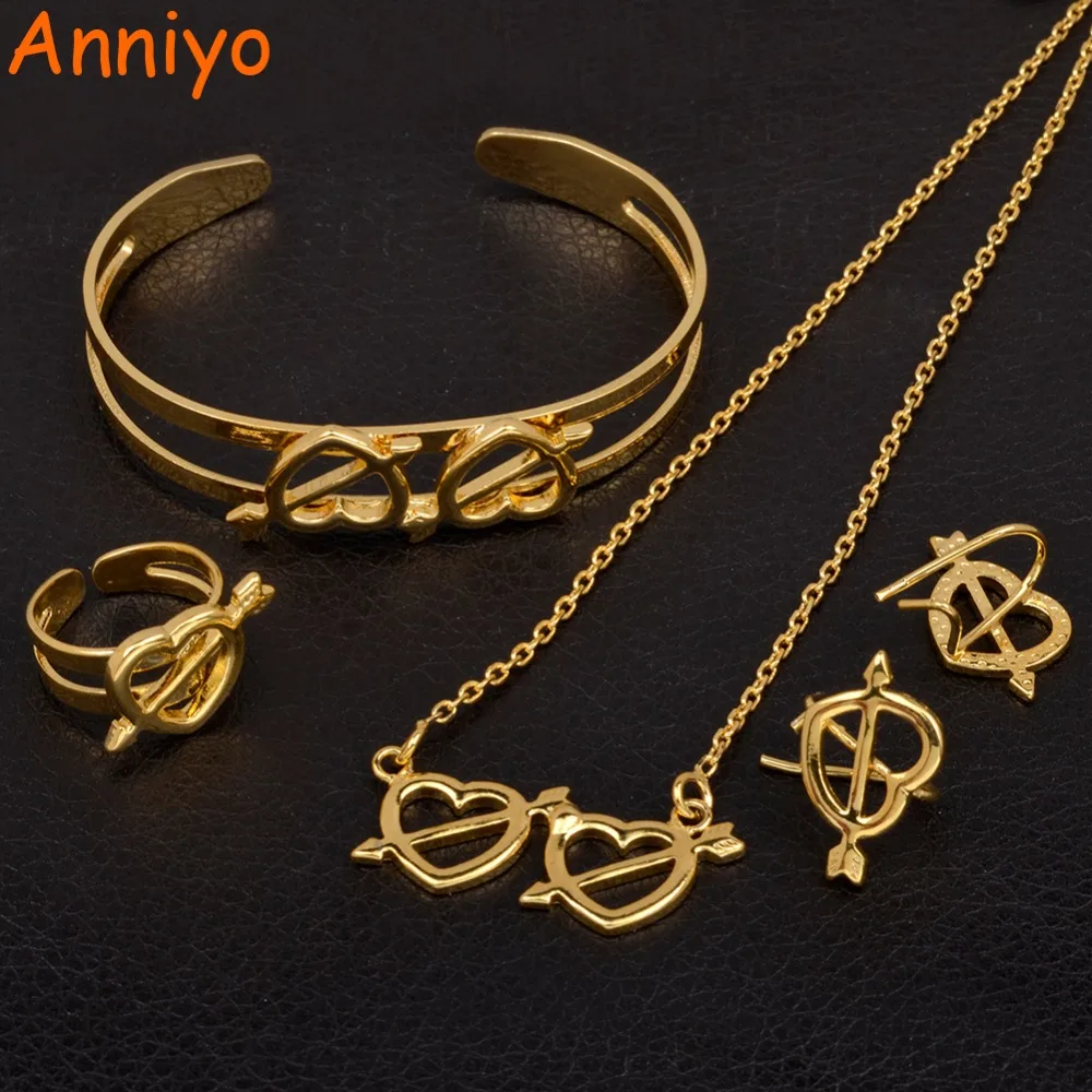 Anniyo Heart Jewelry sets Children Gold Color Necklace Earrings Ring Bangle for Kids Ethiopian African Arab Gift #062302 | Украшения и