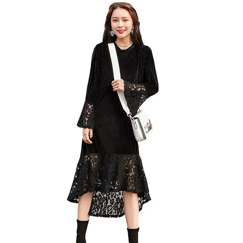 

Women Black Elegant Lace Dress Fashion Irregular Mermaid Vestido Christmas Party Dresses New Autumn 4XL Plus Size Clothes Z256