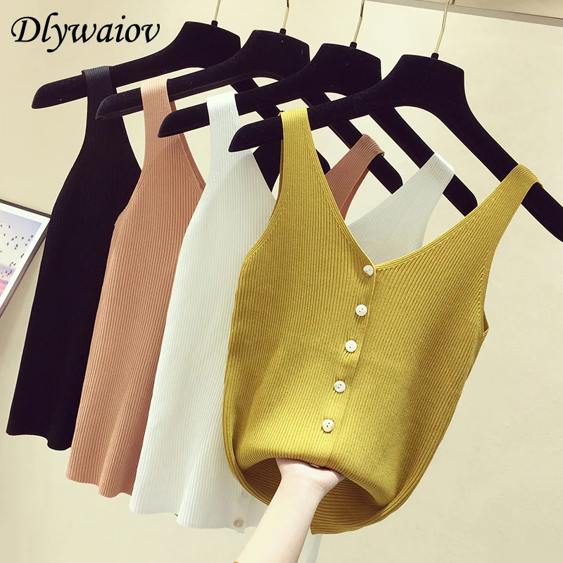 Fashion Button Knit Vest Women Top Camisole Female Solid Elastic knited Slim Sleeveless Tops Femme Summer Casual Camis New