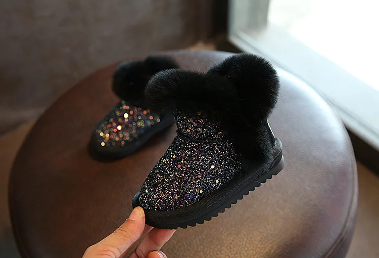 children's cotton shoes genuine leather rabbit hair big children's princess cotton boots thick warm girls snow boots