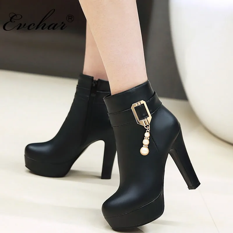 

EVCHAR Women Platform Thick Heel Ankle Boots Woman pointed Toe Zipper Botas crystals Sexy super High Heels Shoes big Size 31-45