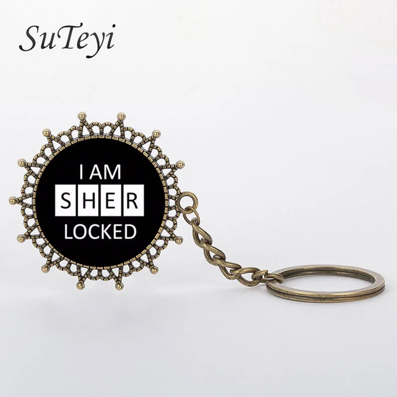 

SUTEYI Vintage KeyChain Car SHERLOCK HOLMES Crystal Round Pendant Chain Black White Glass key Chain For Men Jewelry Gift KC01