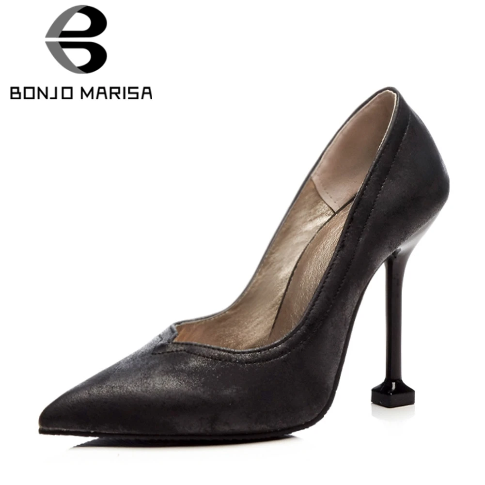 

BONJOMARISA 2019 Spring Autumn Plus Size 34-48 New High Heels Retro Pumps Shallow Slip On Pointed Toe Office Lady Shoes Woman