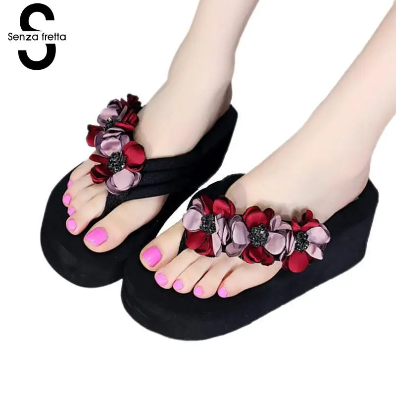 

Senza Fretta Women's Shoes Fashion Flower Slippers Flip Flops Female Candy Color Beach Female Slipper Pantufa Feminina Plus Size