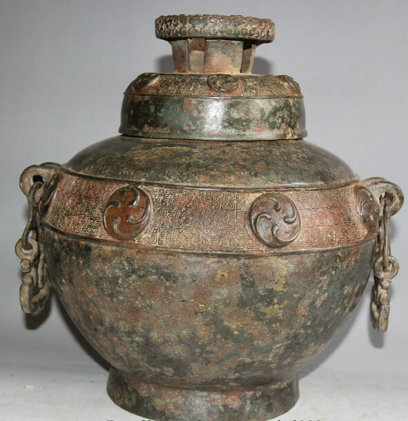

JP S0524 12" Old Chinese Dynasty palace Bronze portable handle water vessel Pot Jar Crock
