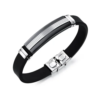 

FATE LOVE Brand Fashion Jewelry Male Men Black Silicone Bracelets & Bangles with Stainless Steel Boyfriend Gift PH1252