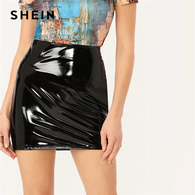 US $8.00 SHEIN Black Zip Back Faux Patent Slim PU Mini Skirt Women Summer Mid Waist Solid Glamorous High Str