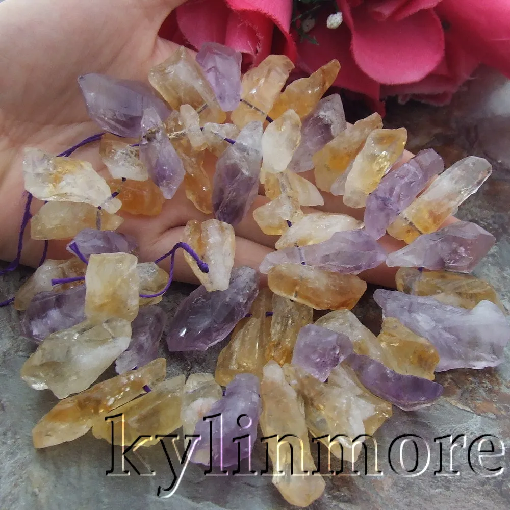

Natural 14mmx40mm yellow purple crystal Rough Top-drilled stone Beads Strand