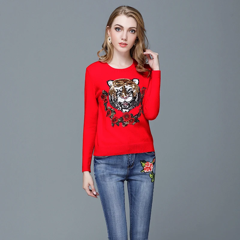 2018 New 3 Colors O Neck Tiger Head Sequin Embroidery Sweater Women Jumpers Pullovers Long 