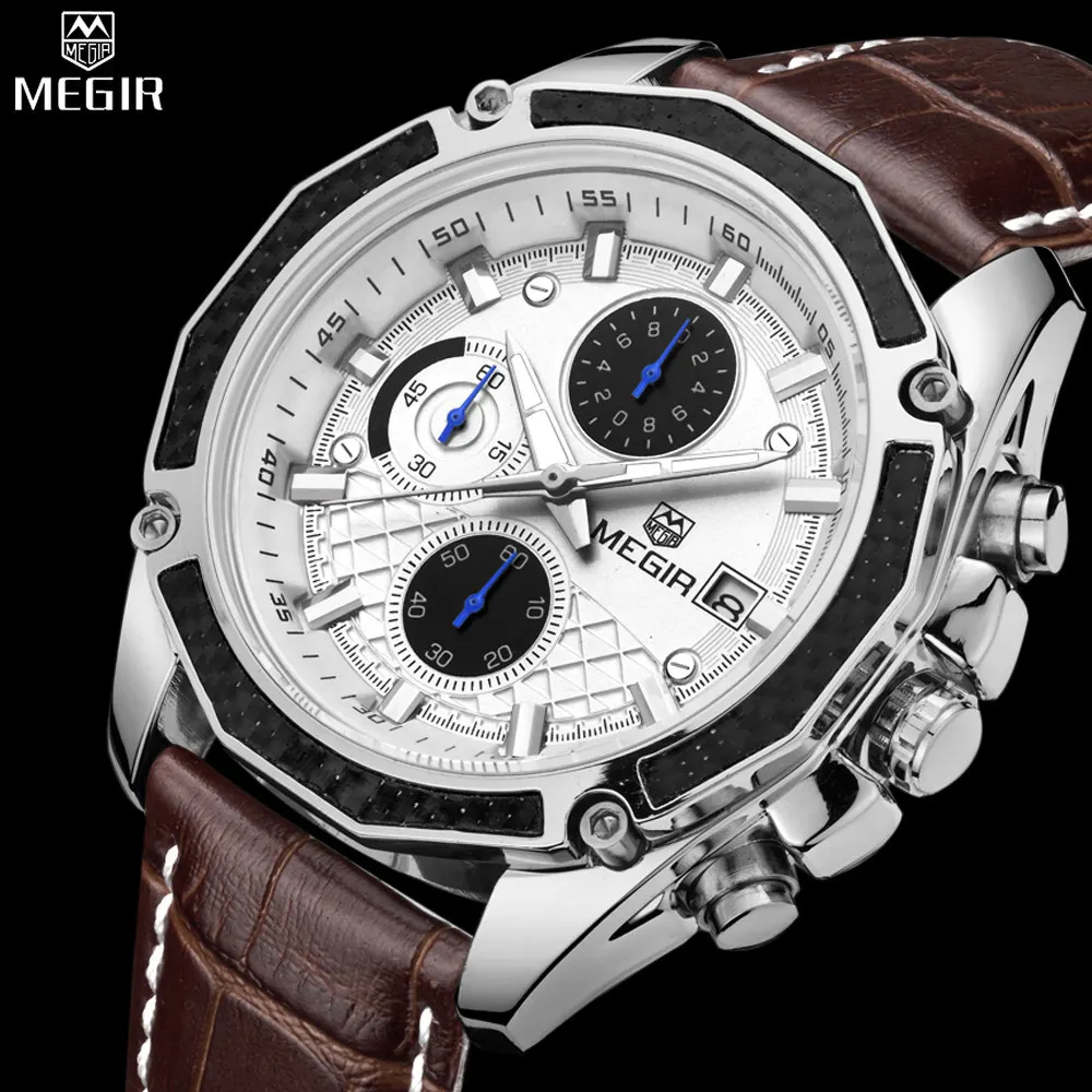 MEGIR Military Men Genuine Leather Casual Watches Chronograph Multifunction Waterproof Quartz Watches Relogio Masculino
