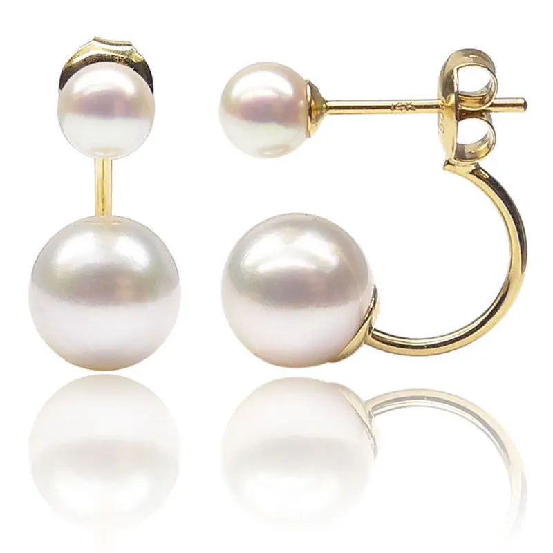 

5-8.5MM White Genuine Akoya Double Pearl Ear Earrings 14K Solid Yellow Gold