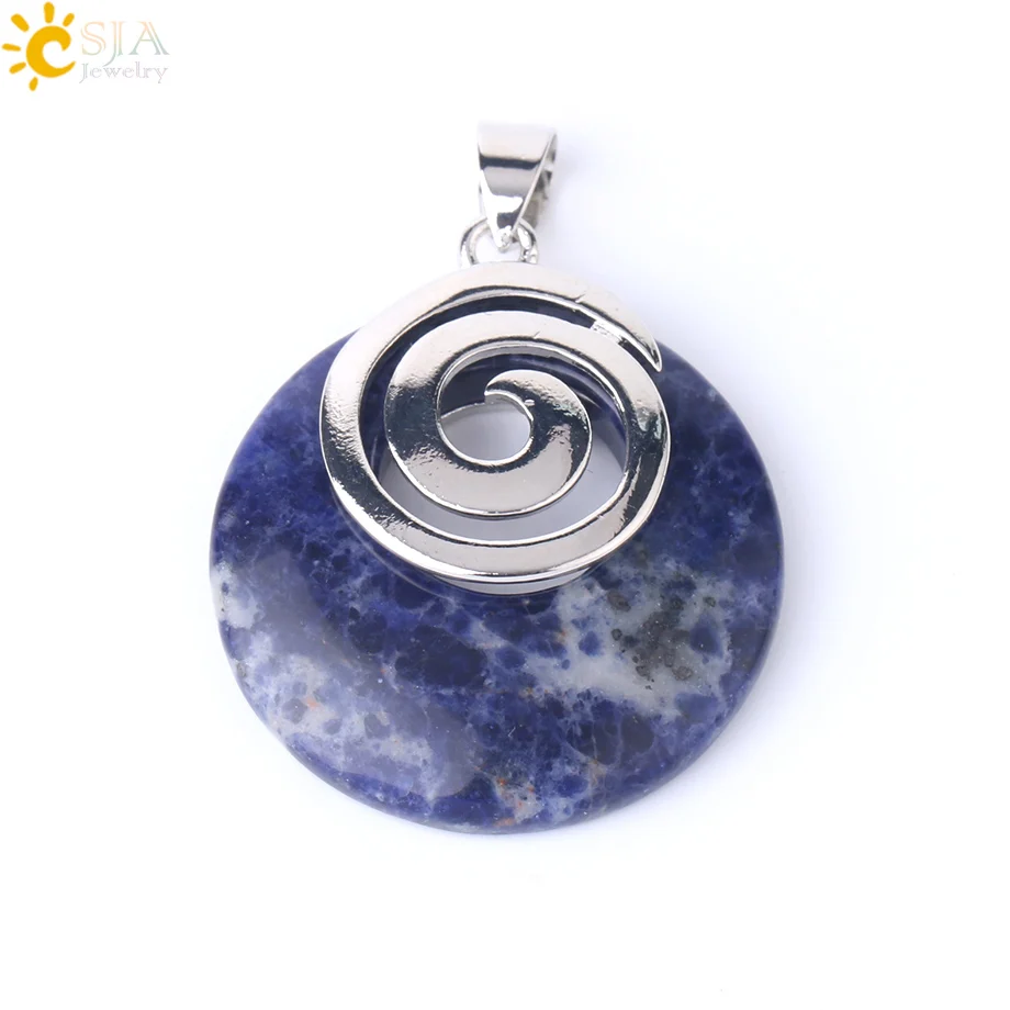 Sodalite CSJA подвески из натурального камня для ожерелья полые круглые спиральные фиолетовые розовые кристаллы содалит тигровый глаз авантюрин опал рейки F863 - Окраска металла: Sodalite