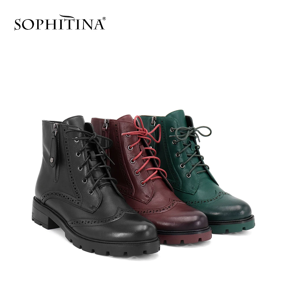 

SOPHITINA Ankle Boots 2018 Genuine Leather Low Heel Motorcycle Shoes High Quality Cow Leather Retro Round Toe Winter Boots BA36