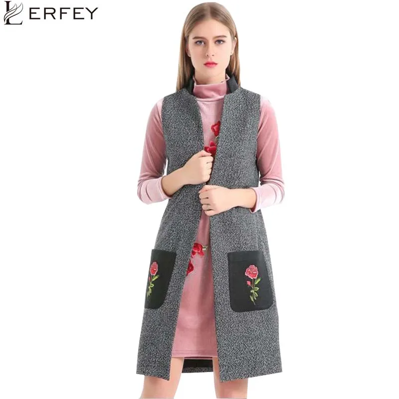 LERFEY Women Flowers Embroidery Vest Elegant Faux Wool Vests Ladies