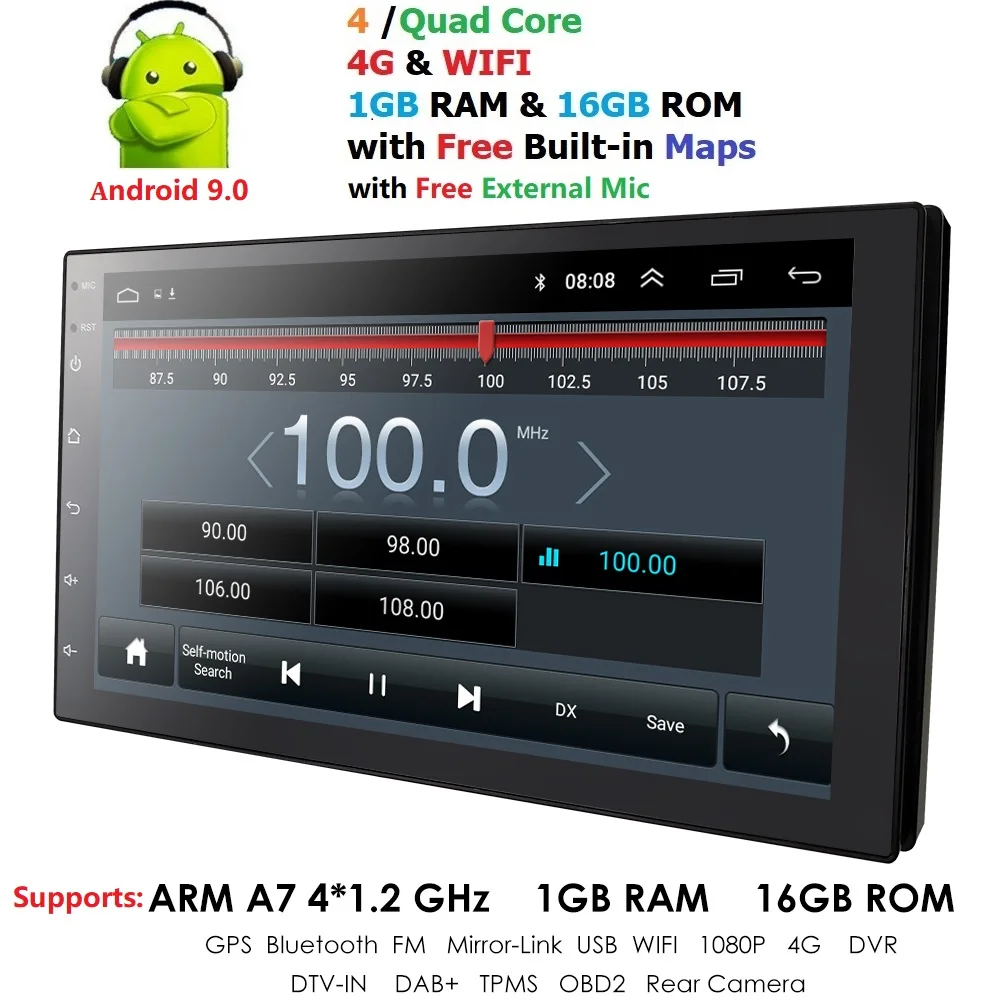 Универсальный 2 din Android 9,0 четырехъядерный автомобильный мультимедийный плеер gps Wifi BT Радио 4G SIM сетевой руль DAB Mic USB Navi карта
