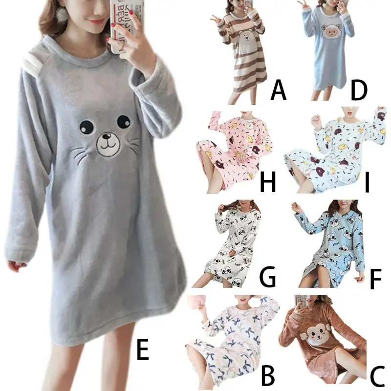 

Women Winter Thicken Flannel Long Sleeve Nightgown Cartoon Animal Printed Sleepwear Sweet Student Loose Knee Length Nightdress