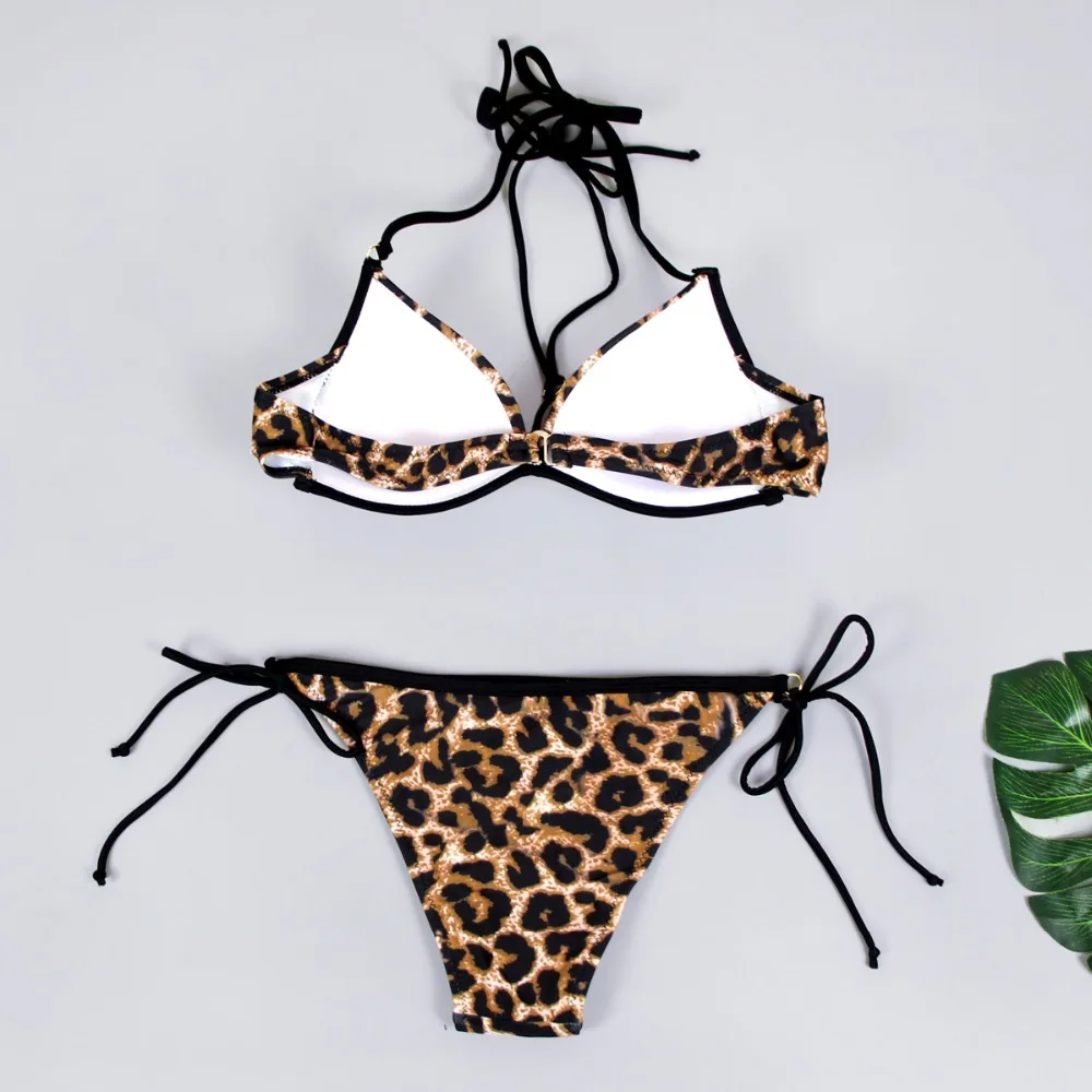 Sexy SPA Bikini Soild Pleated Push-Up Bustier Full Cut Thin Straps Triange Halter Top Wiht Selt Tie Side Low Waist Bikini Set 21