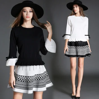 

New 2017 Women Sweater Skirt Clothing Set Knit Two-Piece Europe Fashion High Quality Puffle Suit Outfit White Black Size S M L