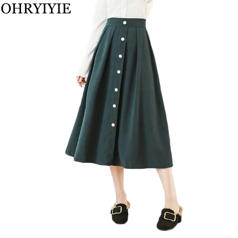 

OHRYIYIE New Vintage Long Skirt Women Elastic High Waist A-line Skirts Womens Single-breasted Solid Color Mori Girl Skirt Femme