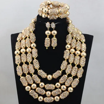 

Shiny Gold accesorries Beads Set Bridal Wedding African Nigerian Necklace Jewellery Set QW1205