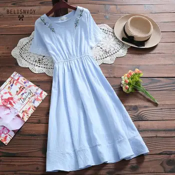 

Mori Girl Summer Solid Women Dresses V-Neck 100%Cotton Linen Female Vestidos Short Sleeve Apricot Floral Embroidery Midi Dress
