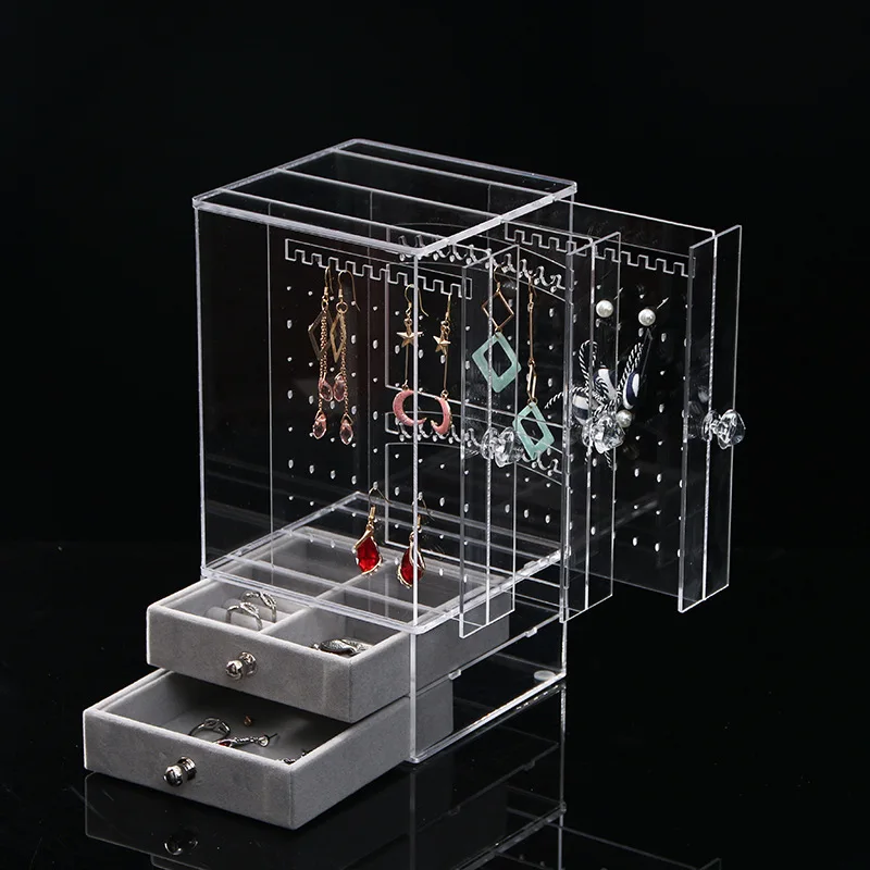 Jewelry Display Jewelry Holder Makeup Jewelry Storage Organizer Earring Rings Acrylic Jewelry Transparent With 2 Velet Drawers