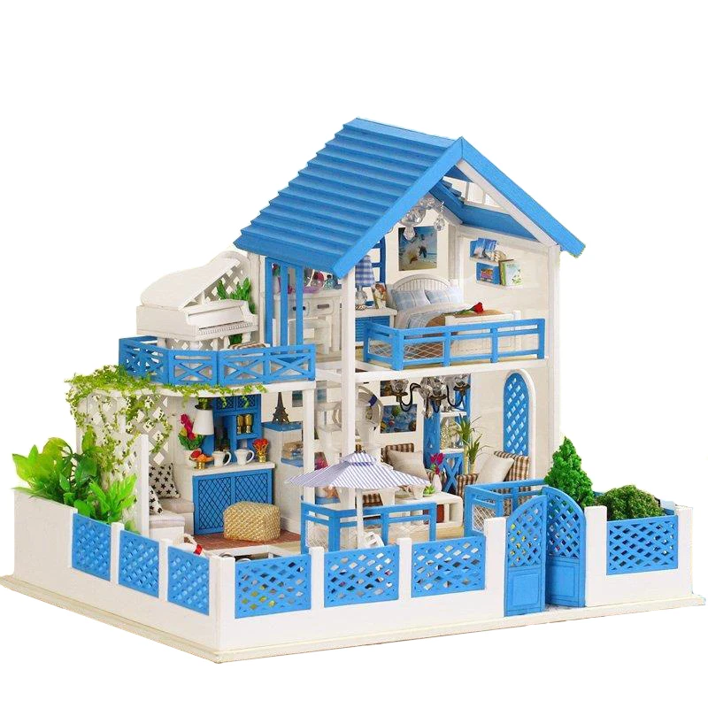 

Miniature Dollhouse Furniture Kits With LED Light Romantic Villa Assembled Simulation Wooden Model