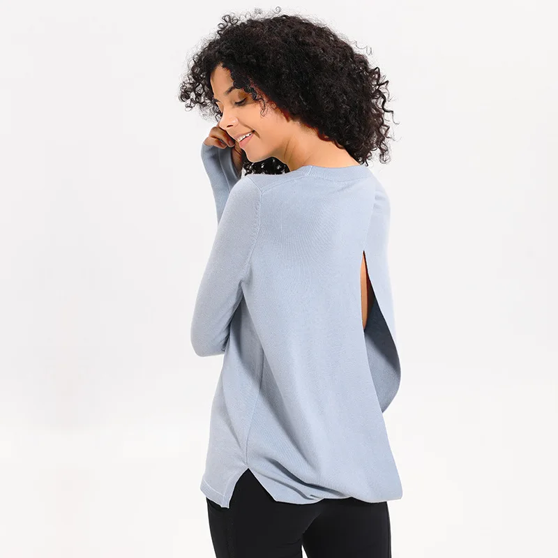 

UA ROCK New Style Wool Fabric sports fitness Long sleeved t-shirt Loose breathable back hollow Out solid color Yoga shirt women