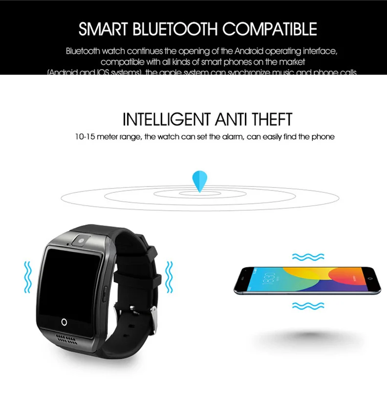 50 шт. Q18 Bluetooth smart watch телефон арочная поверхность Сенсорный экран камера SIM TF для Android IOS DHL по оптовой цене