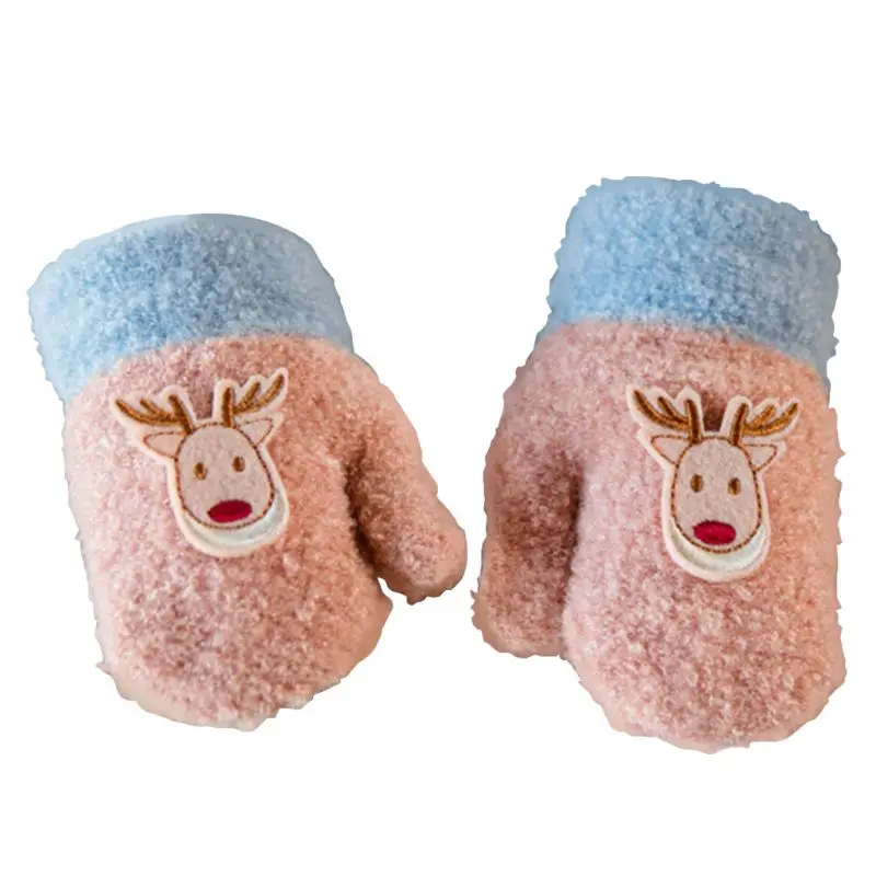 Зимние Утепленные перчатки для малышей с изображением рождественского оленя и аппликацией контрастного цвета, длина запястья
