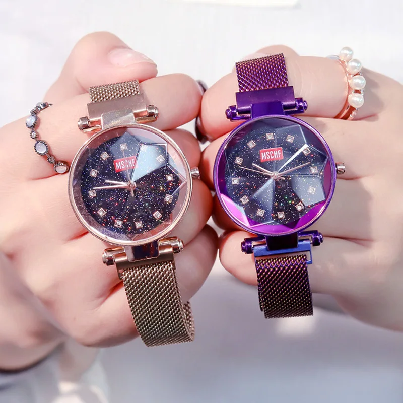

2019 New Fashion Diamond Ladies Watch Luxury Starry Sky Women Geometric Surface Clock Magnetic Mesh Waterproof Girl Wristwatches