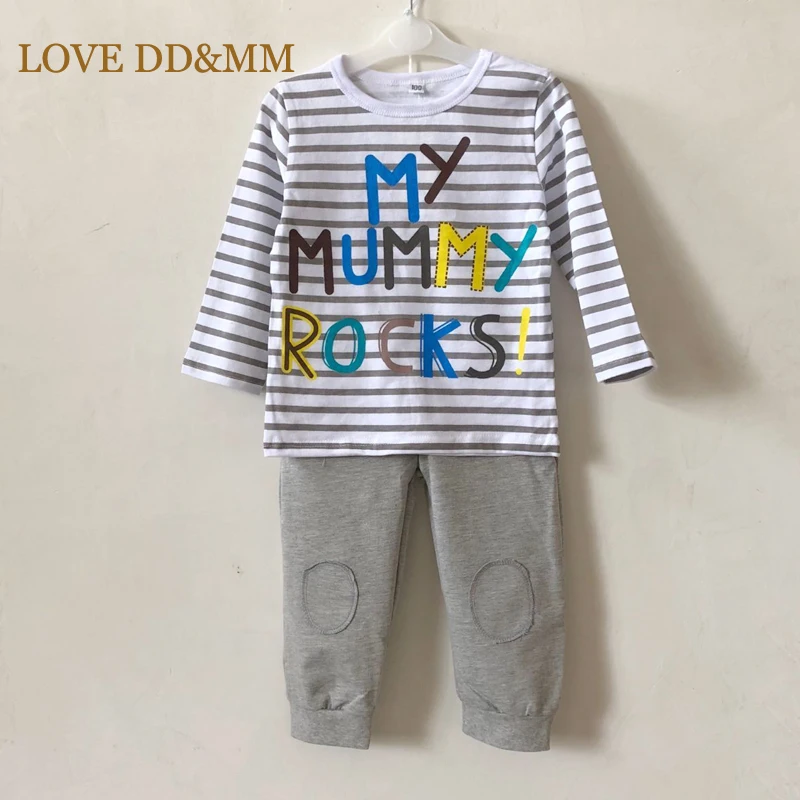 LOVE DD& MM/комплекты одежды для мальчиков детская одежда милые футболки в полоску с надписью и машинкой+ штаны, детская одежда - Цвет: Серый