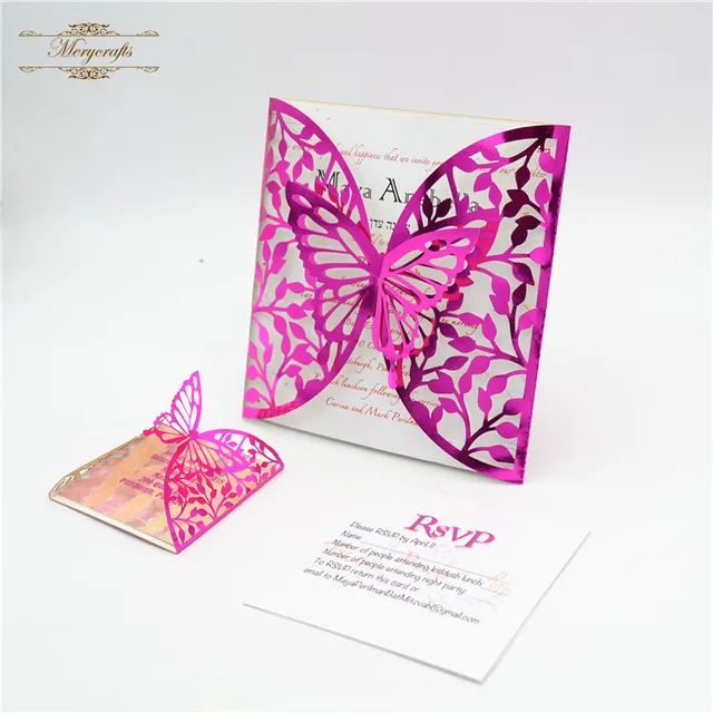 Luxury Hot Pink Butterfly Laser Cut Wedding Invitations In Cards