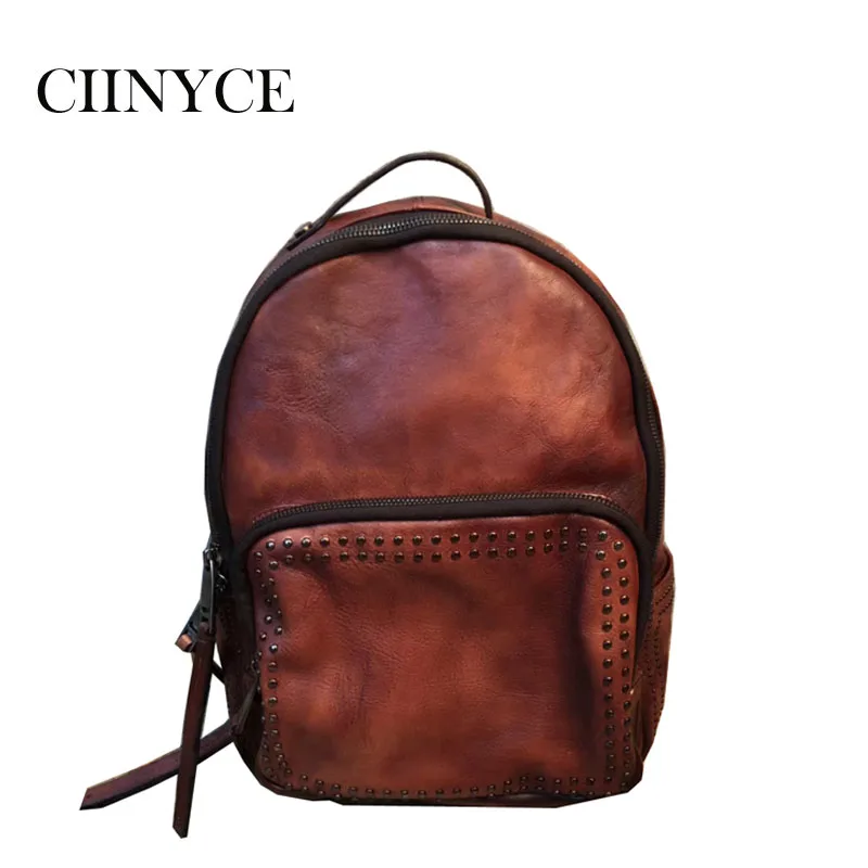 

2018 New Design Handmade Vintage Genuine Cow Leather back bags Rivets Large Capacity Brown Khaki Soft Cow Skin Female Backpacks