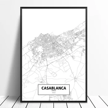 

Casablanca, Morocco Black White Custom World City Map Poster Canvas Print Nordic Style Wall Art Home Decor