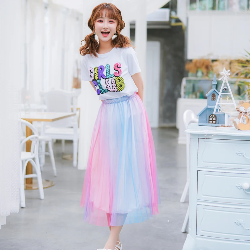 2018 Korean Summer Sweet Rainbow Skirt Women Pleated Skirts for Girls