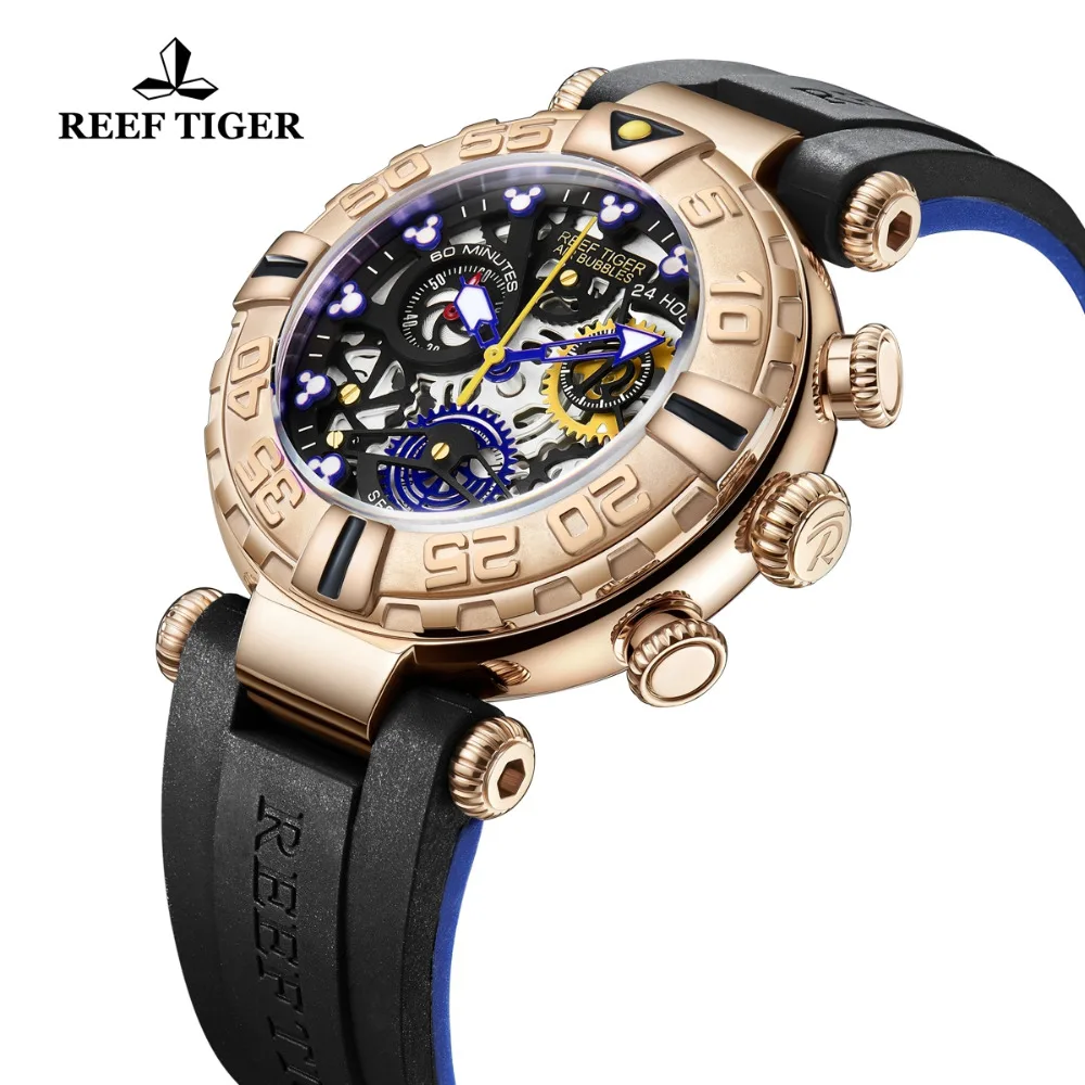  Reef Tiger/RT 2019 Luxury Brand Fashion Creative Watches Men Skeleton Watches Rubber Strap Rose Gol
